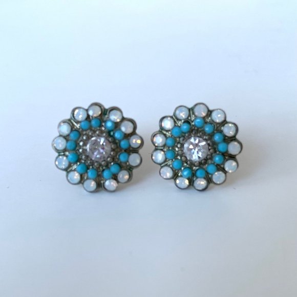 Exquisite Stud Earrings with the Radiant Moonstone and the Lustrous Turquoise - Picture 1 of 4